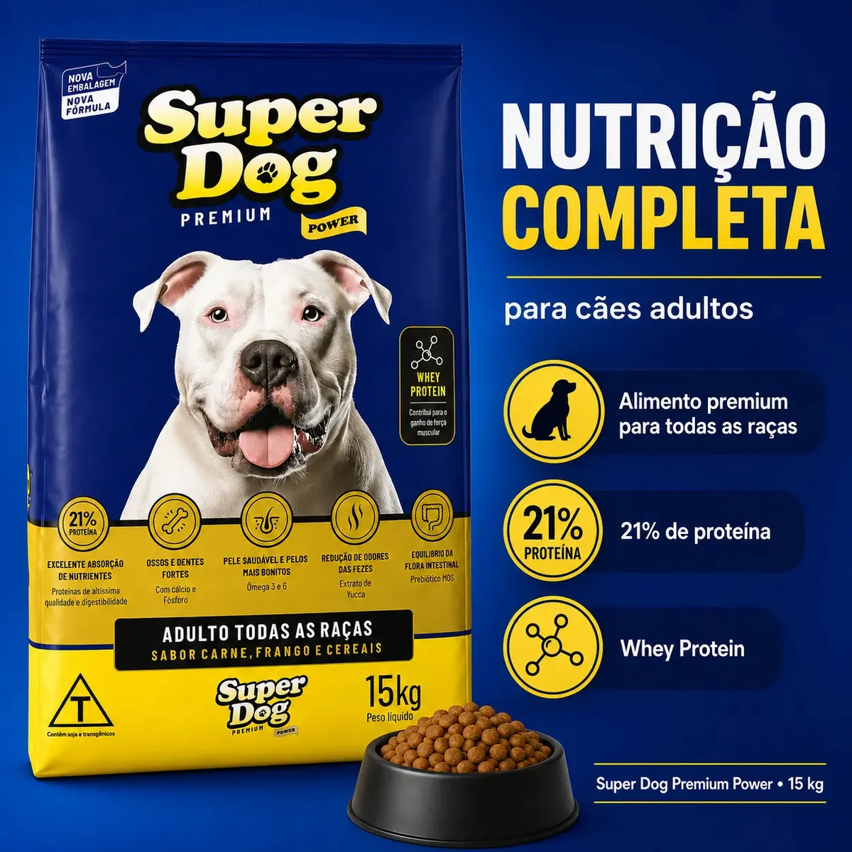 Ração Superdog Power Premium 15Kg | Frango, Carne e Cerais com Wey Protein 125kg